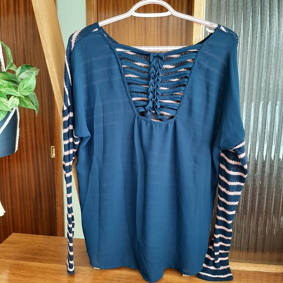 MINE Navy Knit Long sleeve sheer back  strappy cut out back Medium - Picture 2 of 8